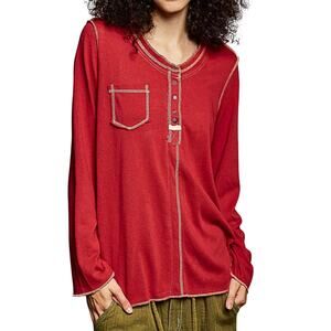 POL Washed Red Henley Top Small Long Sleeve Exposed Seam Button Front Boho